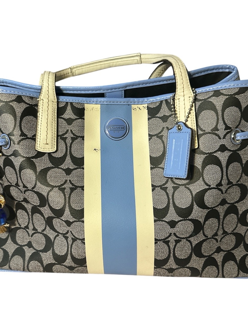 Coach Tote with Blue and Cream Center Stripes coated signature canvas good cond